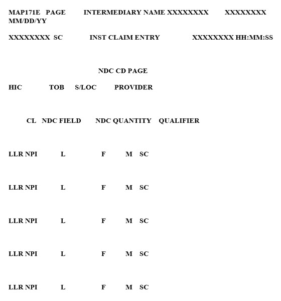 This is an image of the DDE MAP171E screen which contains various fields: the beneficiary Health Insurance Claim (HIC) number, Type of Bill (TOB), Status location (S/LOC), provider number and five rows for each claim indicating the provider's NPI, last name, first name, middle initial and specialty. The field titles and descriptions are indicated in the tables below.