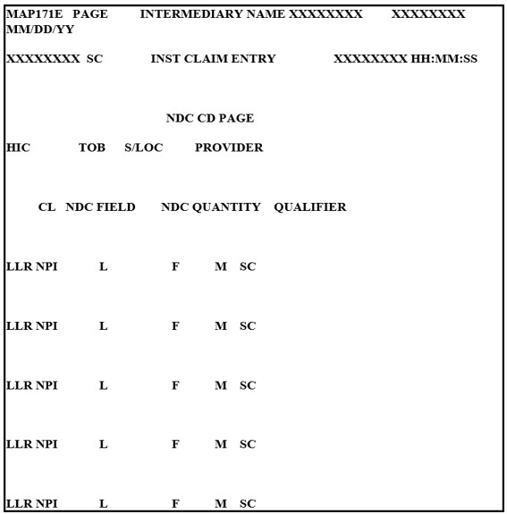 This is an image of the DDE MAP171E screen which contains various fields: the beneficiary Health Insurance Claim (HIC) number, Type of Bill (TOB), Status location (S/LOC), provider number and five rows for each claim indicating the provider's NPI, last name, first name, middle initial and specialty. The field titles and descriptions are indicated in the tables below.