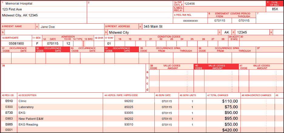 On-campus provider based professional CAH Method II services billed with technical services on a UB-04 claim.