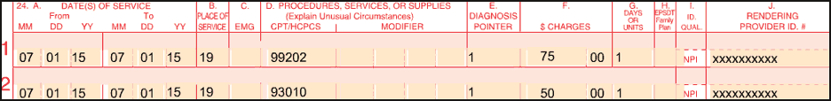 This image shows services billed on a UB04 claim for an off-campus provider based facility. The PO modifier was added to each line item date of service.
