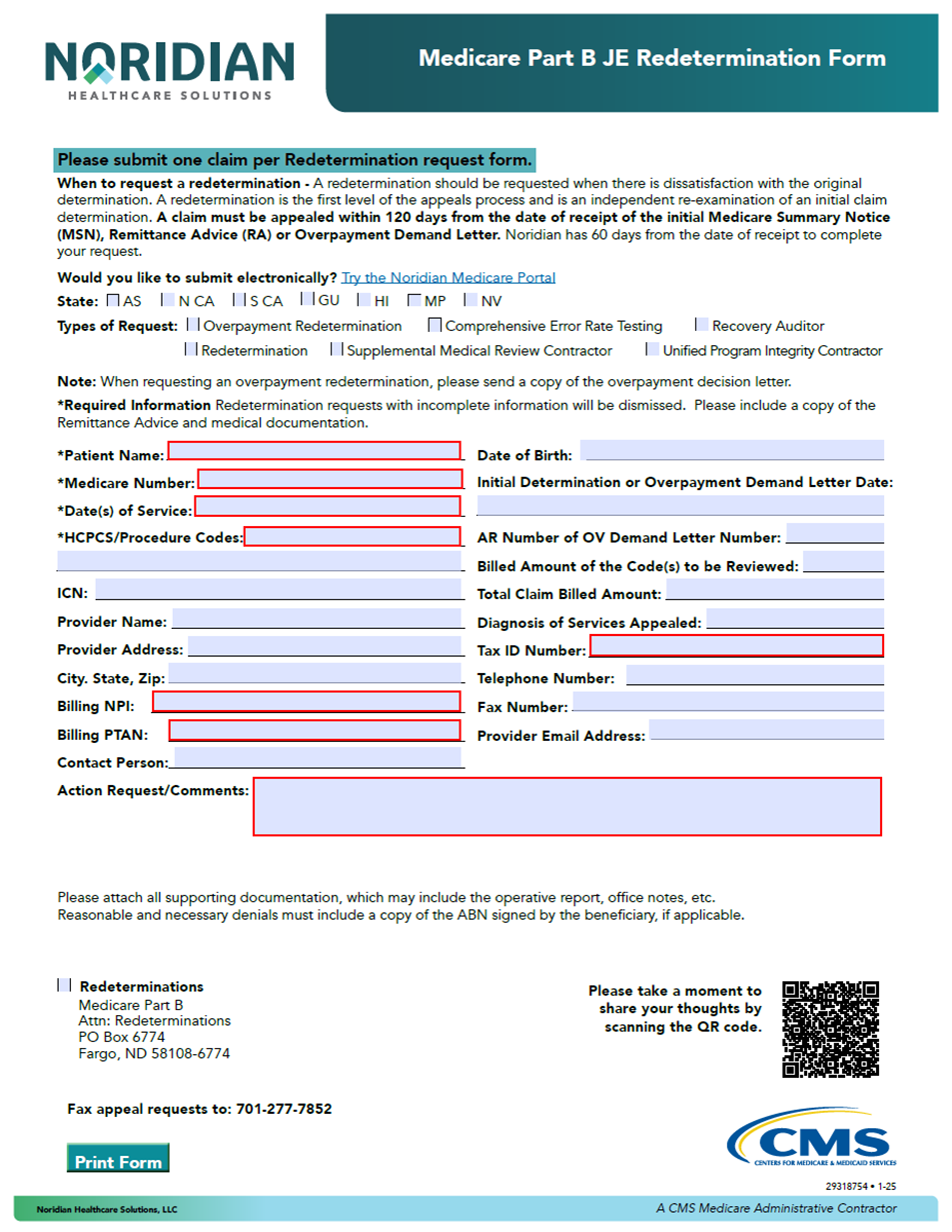 Medicare JE Part B Redetermination/Reopening Form