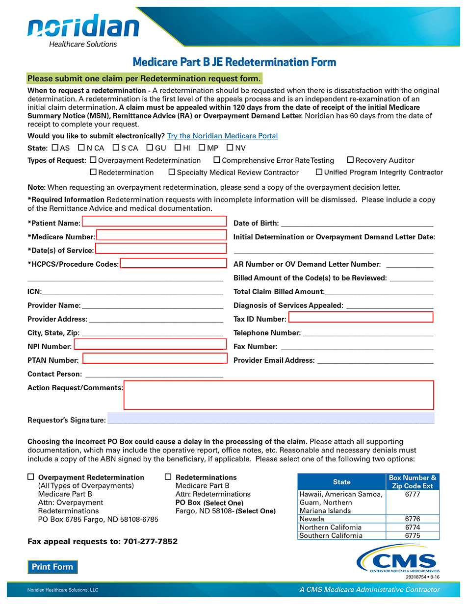 Medicare JE Part B Redetermination/Reopening Form