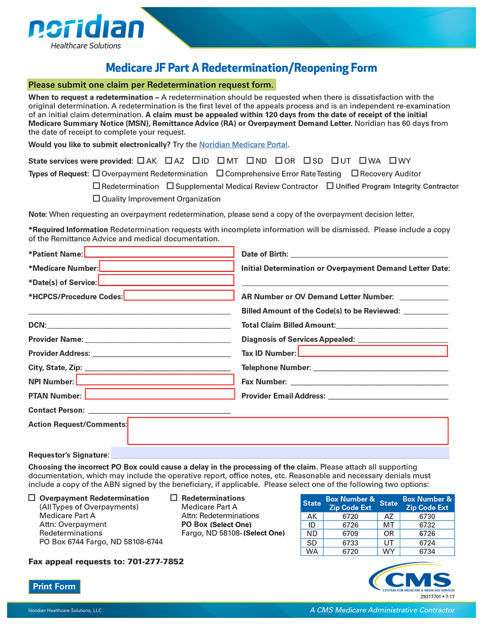 Medicare JF Part A Redetermination/Reopening Form