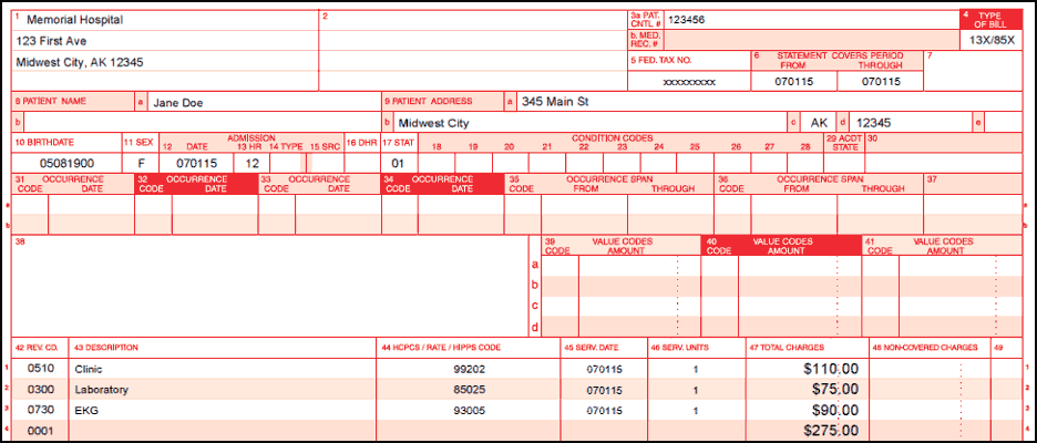 UB-04 claim form for an on-campus provider based clinic, laboratory and EKG technical services.