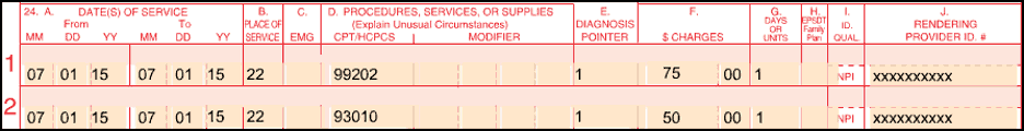 CMS-1500 claim form which includes professional component for 99202 and Electrocardiogram (EKG) reading fee (93010), billed with place of service 22 to indicate outpatient hospital services were rendered in the on-campus location.