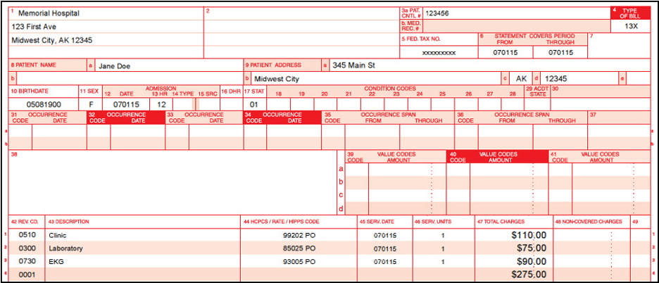 Services billed on a UB04 claim for an off-campus provider based facility. The PO modifier was added to each line item date of service.