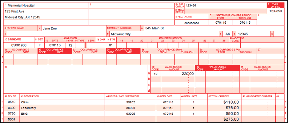 Provider based on-campus bill with a 12 value code listing the working aged primary insurance paid $220.00 towards the claim.