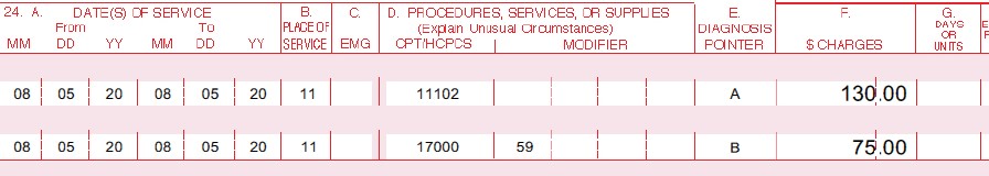 This claim example shows CPT 17000 with no modifiers on the first claim line and CPT 11100 with modifier 59 on the second claim line.