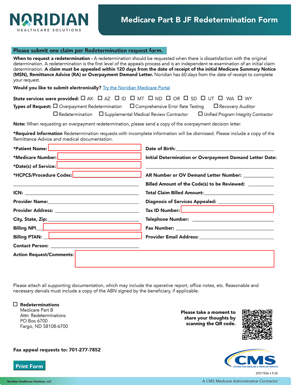 Medicare JE Part B Redetermination/Reopening Form