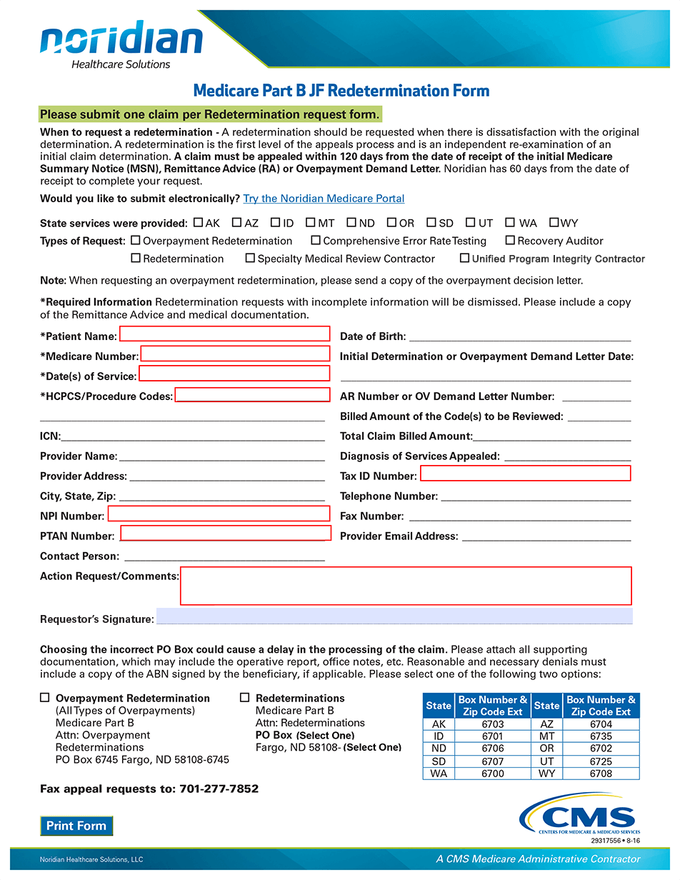 Medicare JE Part B Redetermination/Reopening Form