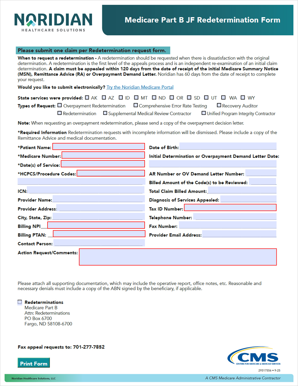 Medicare JE Part B Redetermination/Reopening Form