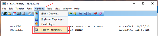 Session Properties function, as shown in the Options pull-down menu.
