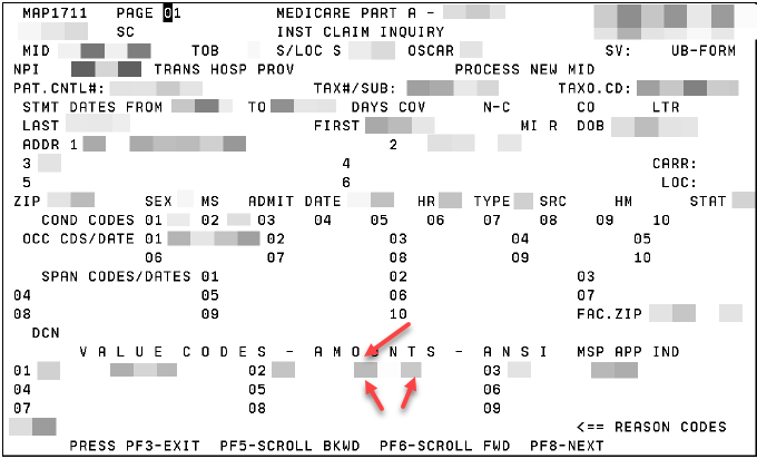 DDE User Manual Screen image of Page 2. Two red arrows pointing to the monetary amount and the single red arrow points to the Group Code CO as required by law and the Claim Adjustment Reason Code.