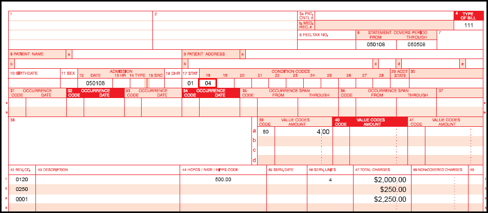 PPS, IRF, and LTCH claim example using the UB-04