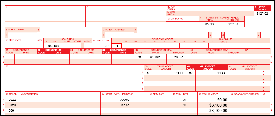 SNF/Swing Bed claim example using the UB-04