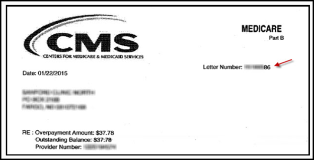 Example of the top of a demand letter displaying the date, letter number, overpayment amount and balance, and provider number.