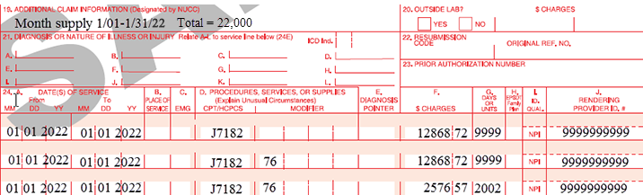 Image of CMS-1500 Claim Form. Three lines (Items 24s-24g) are completed as an example. All lines contain J7182. Lines one and two contain 9999 units and the third line contains 2002 units. Modifier 76 has also been appended to the second and third lines.