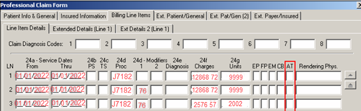 Image of Professional Claim Form. Three lines (Items 24s-24g) are completed as an example. All lines contain J7182. Lines one and two contain 9999 units and the third line contains 2002 units. Modifier 76 has also been appended to the second and third lines.