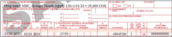 Snapshot of Item 19 - 24J on electronic claim form. Item 19 lists drug name, NDC, dosge, month supply, and UOS