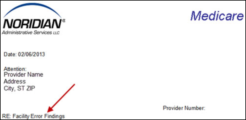 Example of a Facility Error Findings letter header. There is an arrow pointing to the letter subject line which reads Facility Error Findings