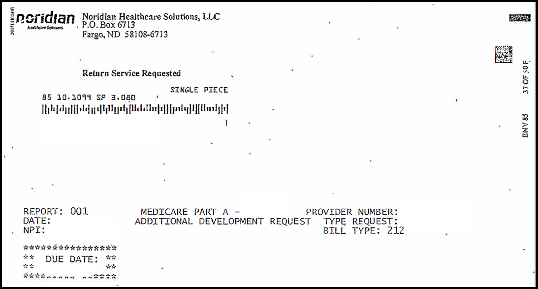 Example of Noridian demand letter. The Noridian logo and address is in the upper left-hand corner, and the provider address is just below the Noridian address and the bar code.