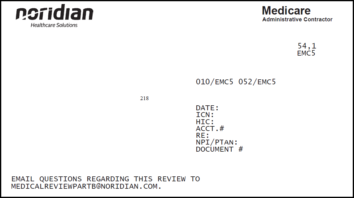 Example of Noridian demand letter. The Noridian logo and address is in the upper left-hand corner, the provider address is just below the logo, and the Internal Control Number (ICN) that identifies Noridian Medicare Part B as the reviewing contractor is included to the left of the provider address. 