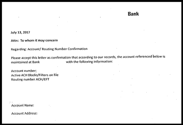 This image is of a bank letter which contains required elements such as the bank's letterhead, routing and account number, type of account, full legal business name as the account name as well as the bank officers name and signature. 