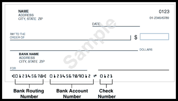 Image of example of voided personal check. Included bank routing number, account number and check number. 