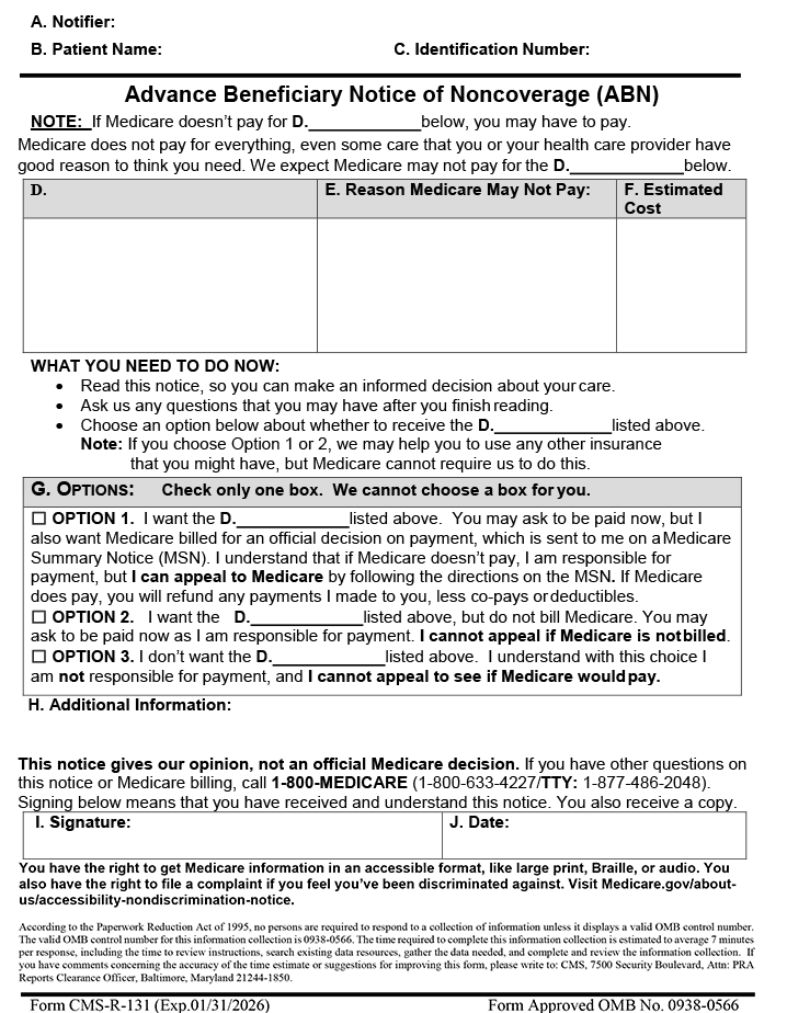 Advance Beneficiary Notice of Noncoverage (ABN) Form