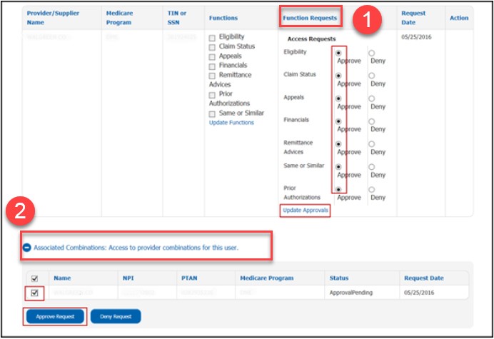 Showing the new user registrations screen. 1: Showing theFunction Requests column of the table with the Approve options selected. 2: The location of the Associated Combinations option.
