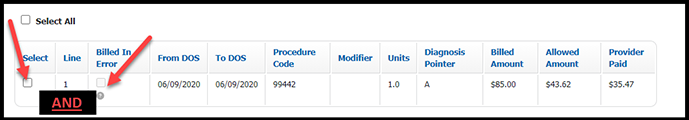 This image shows where that the Select and the Billed in Error check boxes need to be selected with performing a Billed in Error reopening.