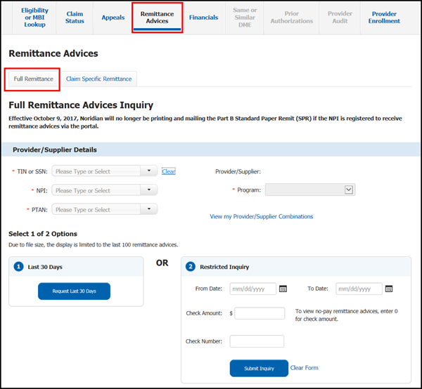 This image shows the Full Remittance Advices inquiry screen.